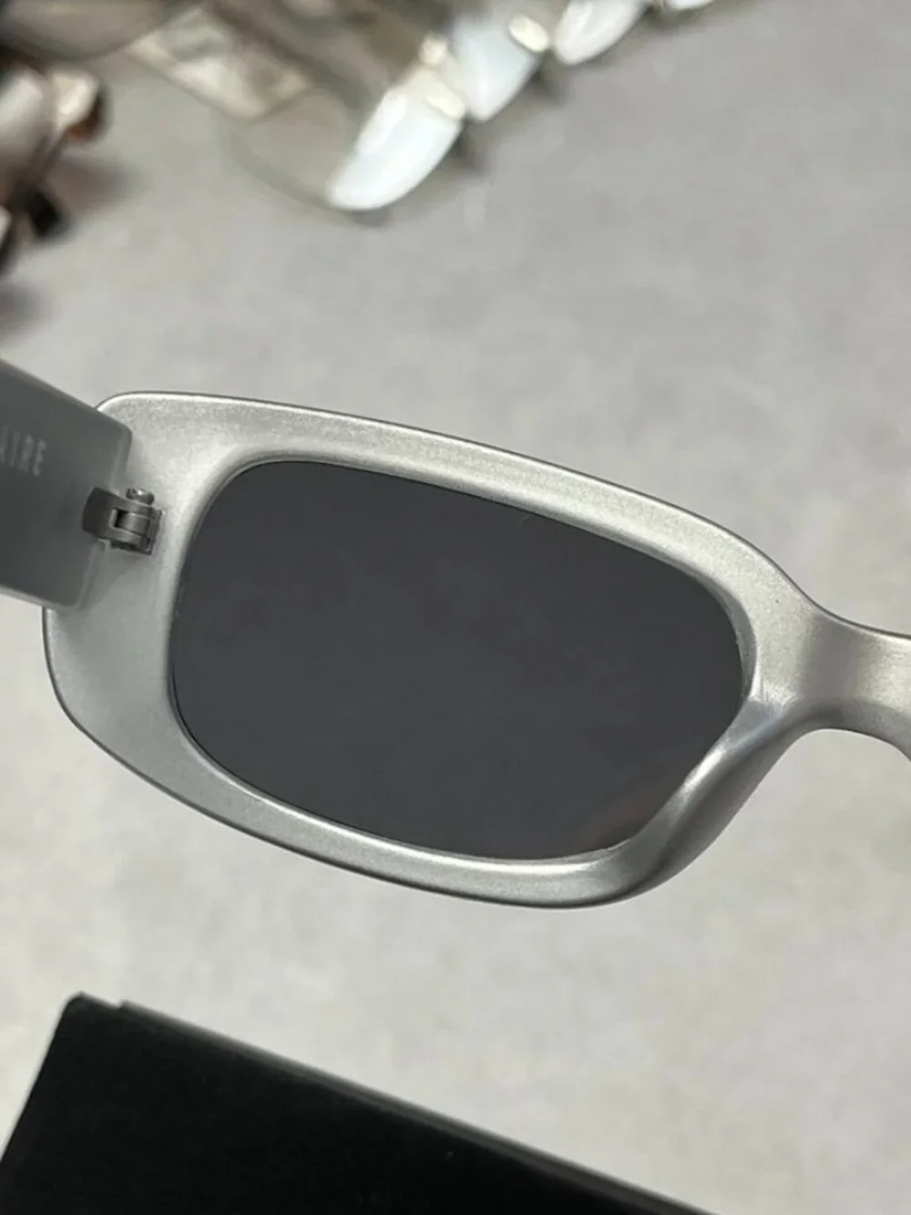 AIRE Ceres Rectangular Sunglasses Matte Silver Gray Frame Black Lenses NWT